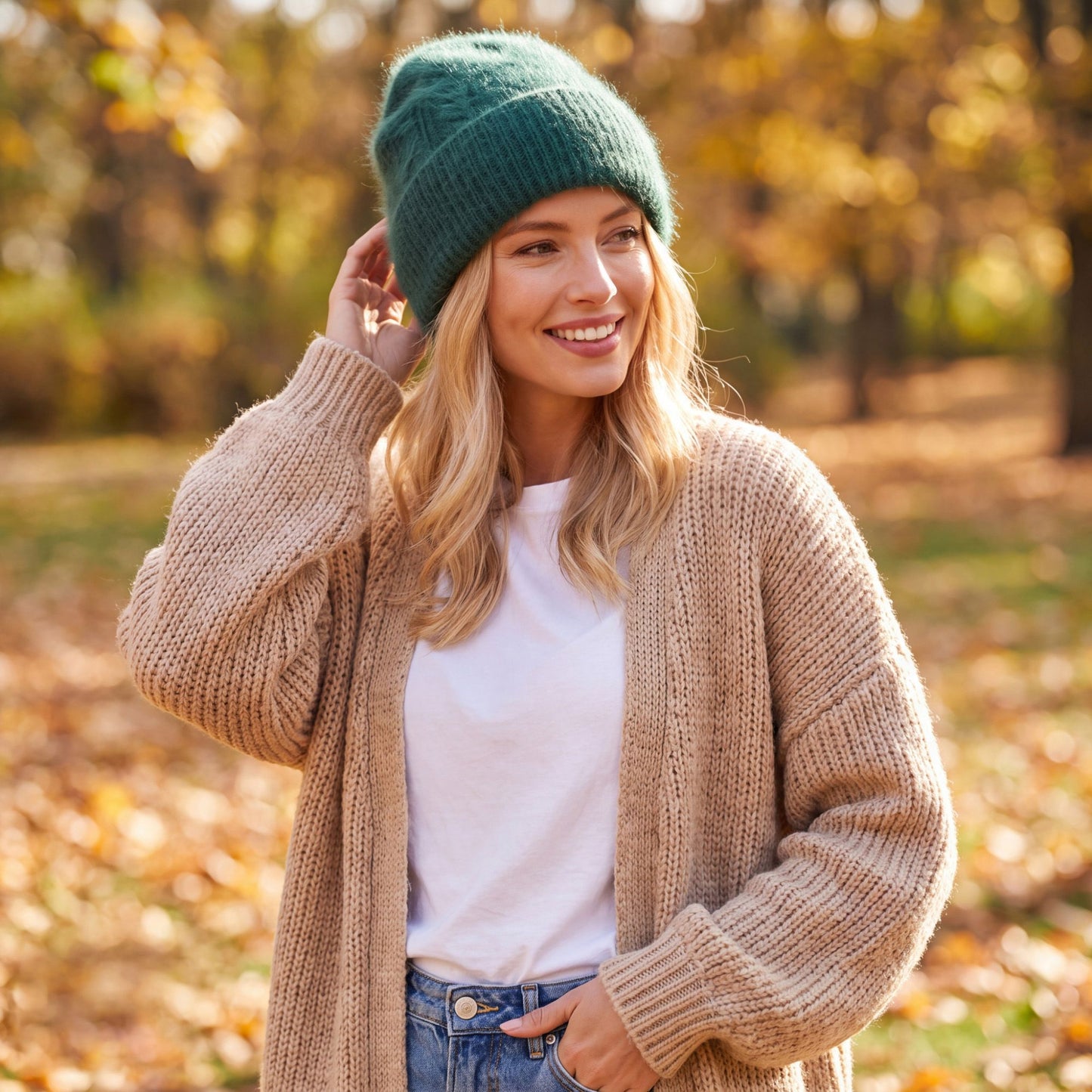 Fuzzy Knit Beanie Hat with Ribbed Cuff