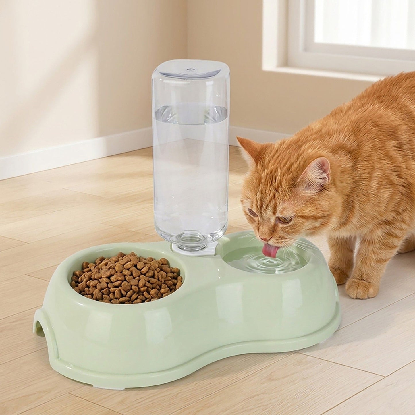 Plastic Double Pet Bowl with Gravity Water Bottle Feeder