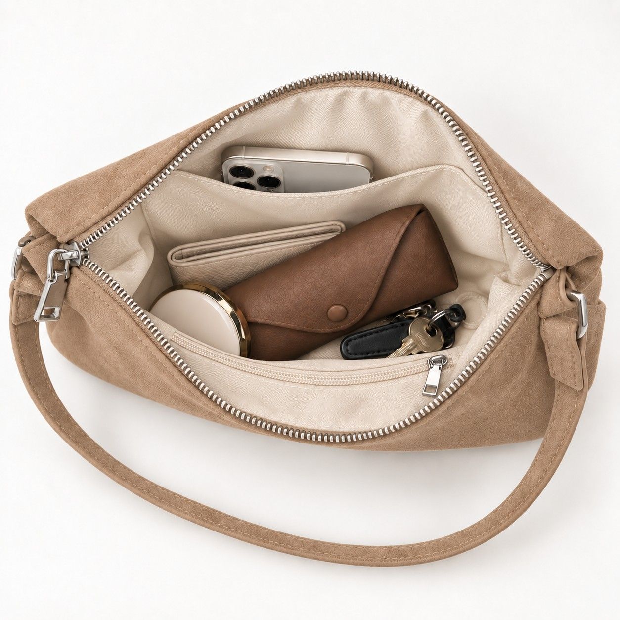 Faux Suede Hobo Shoulder Bag with Zip Closure and Interior Pockets
