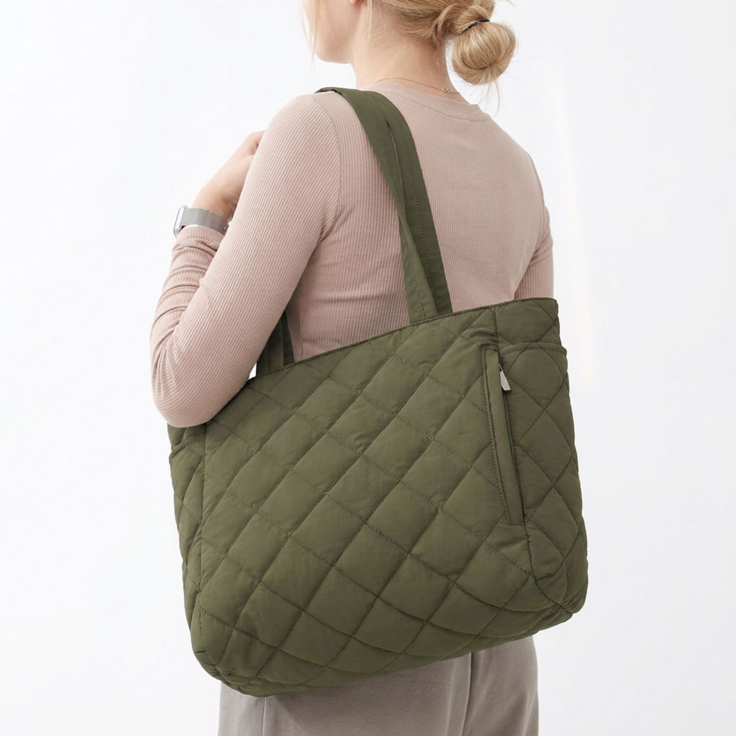 Quilted Tote Bag with Zipper Pockets and Water Resistant Fabric