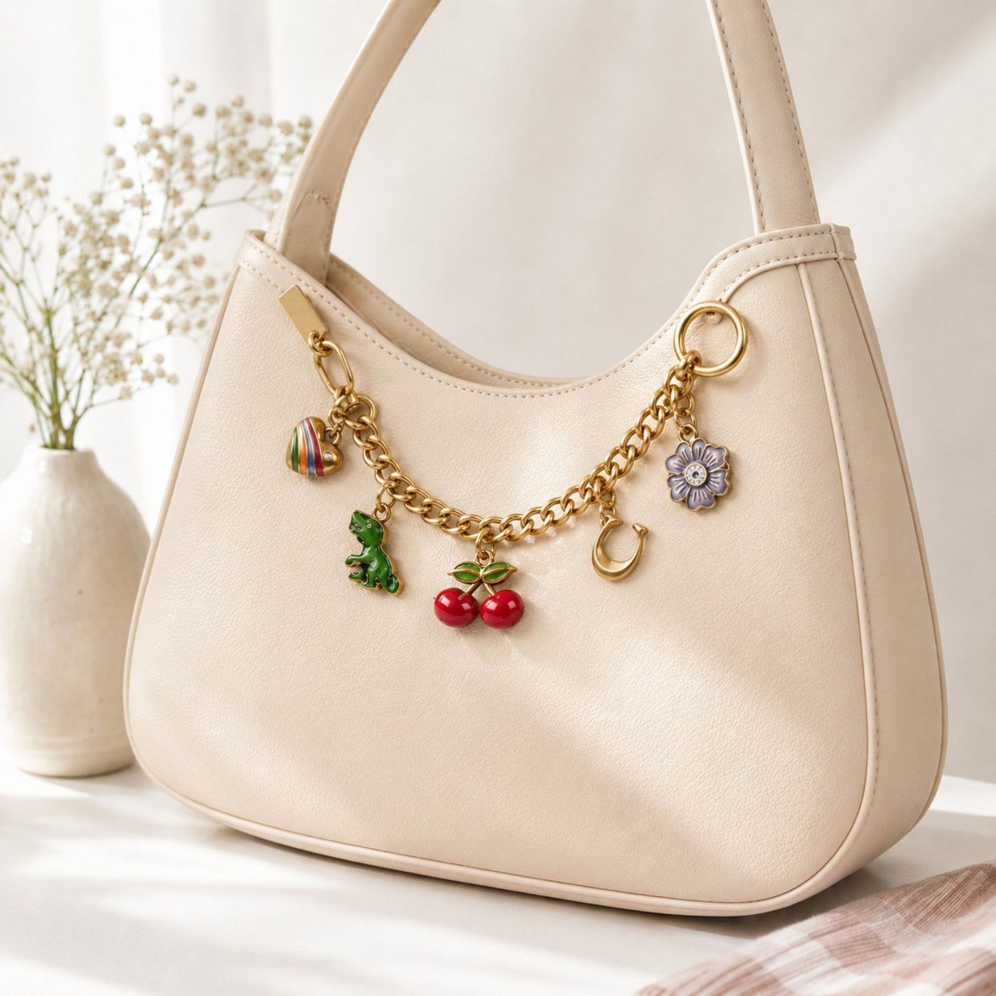 Gold Tone Charm Chain Bag Accessory with Cherry Dinosaur Heart Flower and Horseshoe Accents