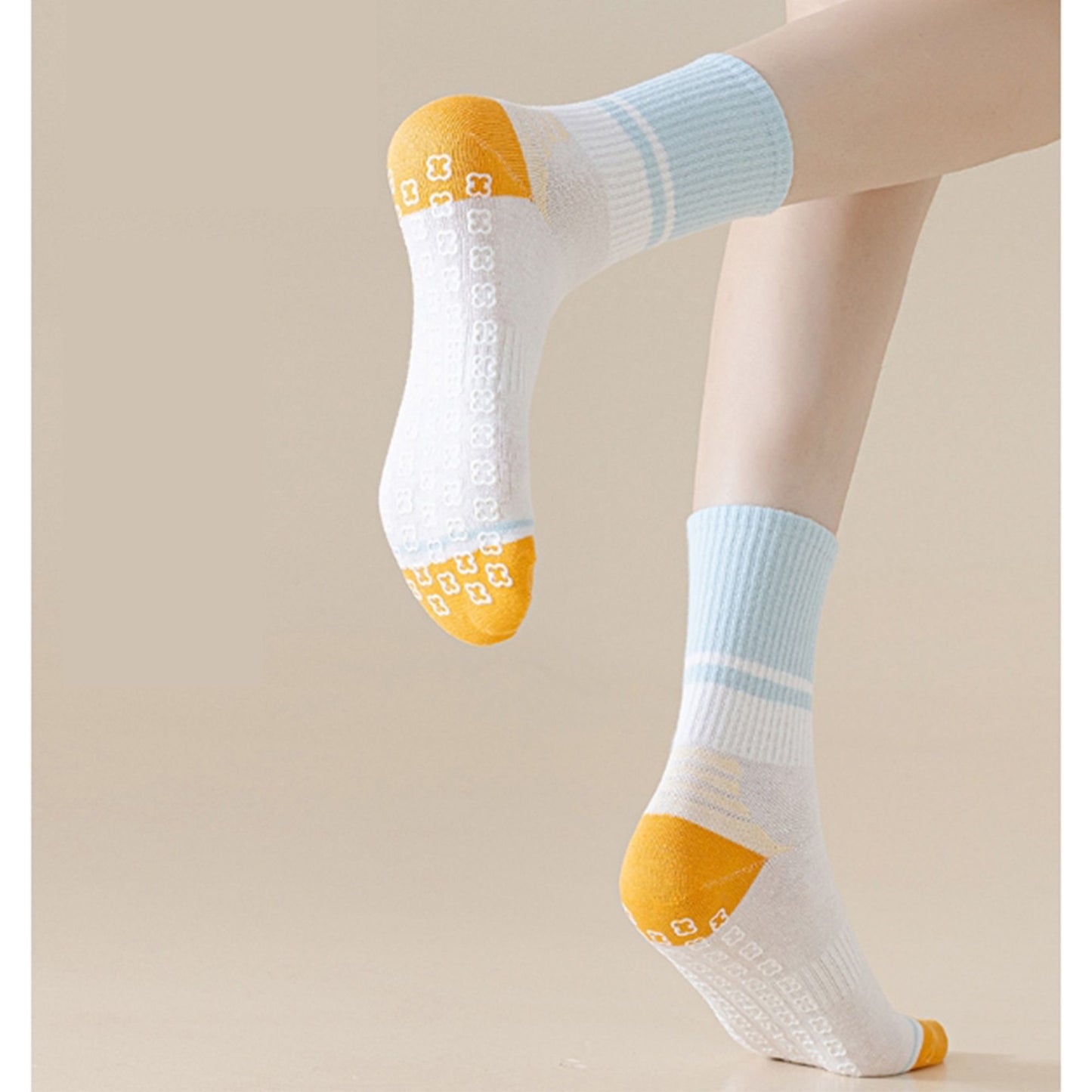 2-Pair Set Crew Athletic Socks with Striped Cuffs and Full Sole Grip for Yoga Fitness