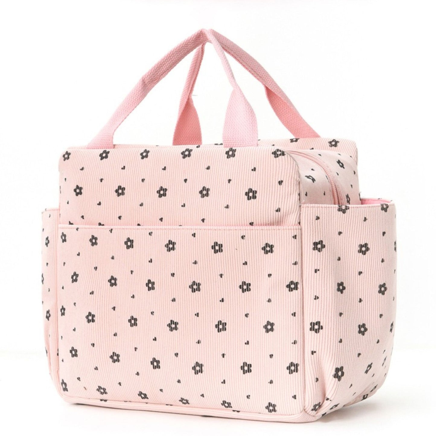 Corduroy Insulated Lunch Bag Large Capacity Floral Lunch Tote with Front and Side Pockets