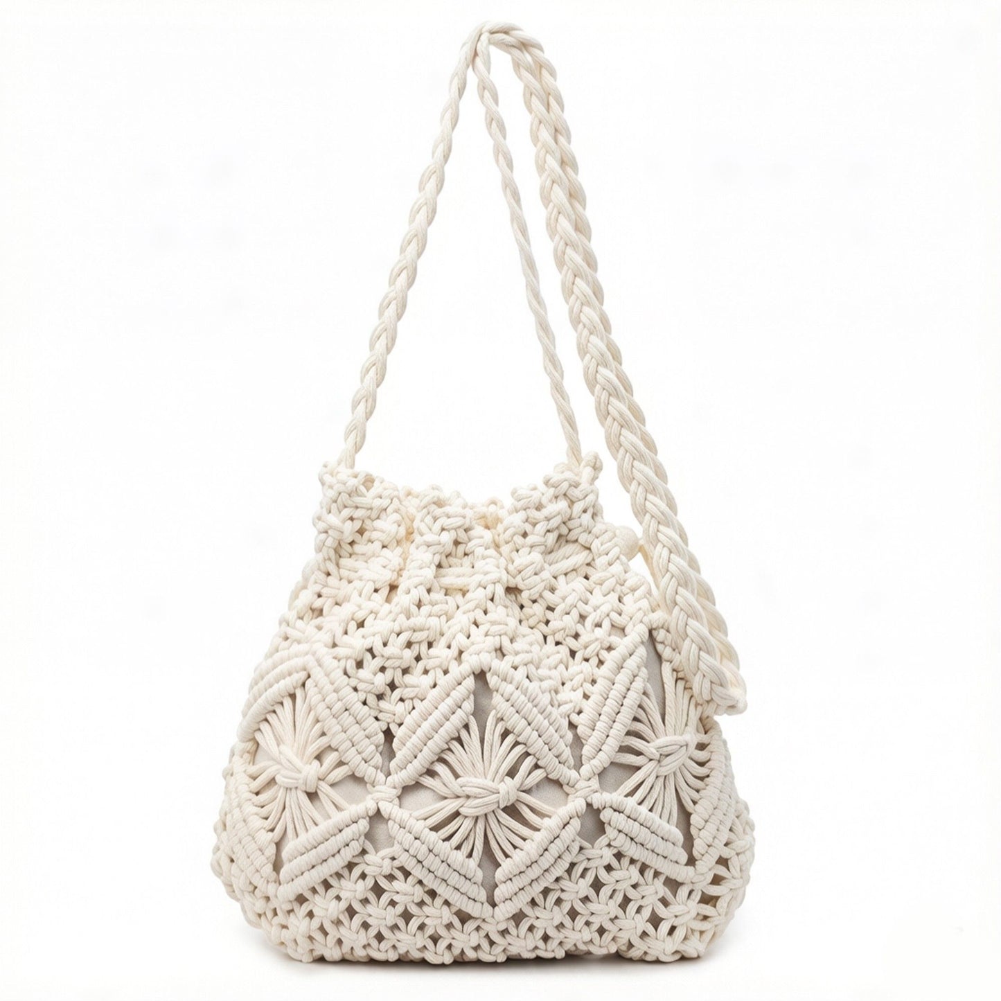 Macrame Bucket Bag Knotted Rope Handbag Drawstring Shoulder Bag Textured Woven Crossbody Style Lightweight Boho Purse
