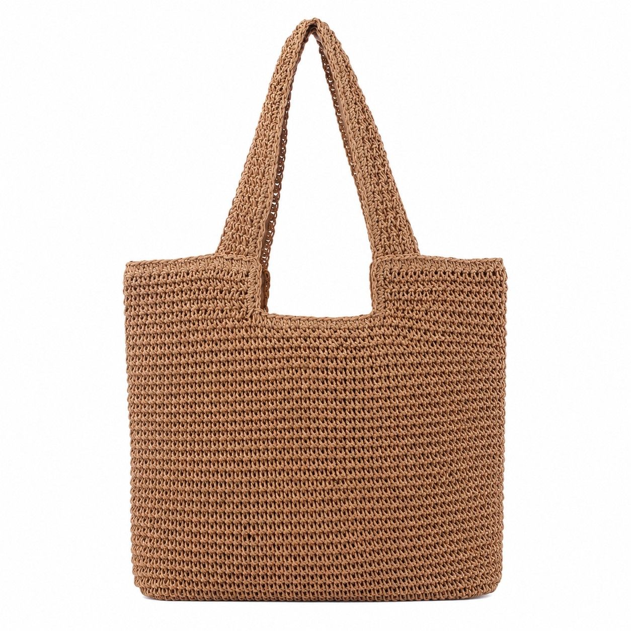 Woven Crochet Tote Bag with Shoulder Straps Lightweight Knit Tote with Zipper Pocket
