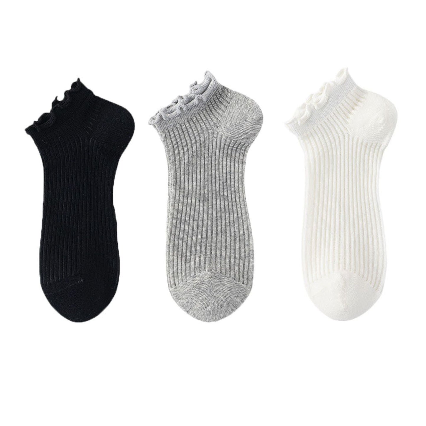 Ribbed Ankle Socks with Ruffle Lettuce Trim Cuff Soft Breathable Knit 3-Pack