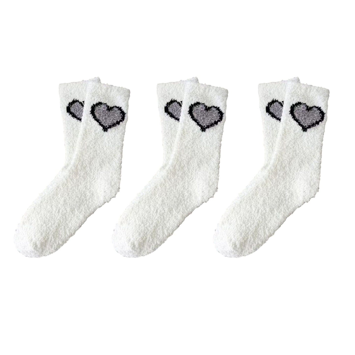 3-Pair Fuzzy Valentine Heart Knit Crew Socks Set with Soft Plush Texture, Stretchy Cozy Fabric, and Cute Heart Accent for Gifting