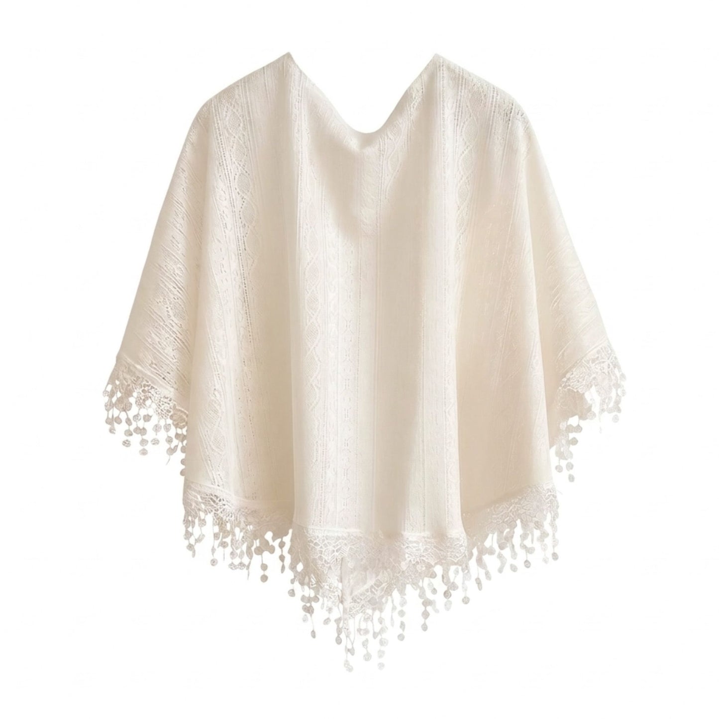 Lace Poncho Cover Up with Fringe Trim and Front Tie