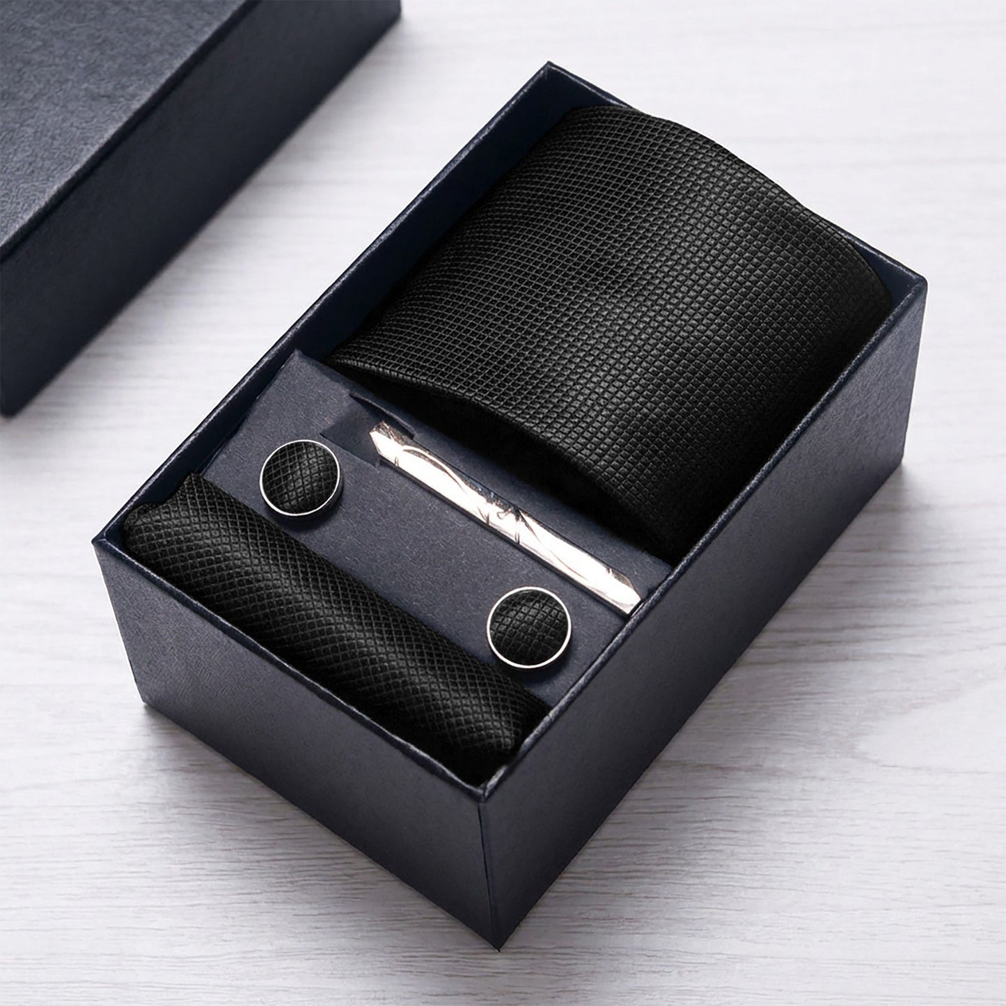 Men's Diamond Grid Pattern Tie Gift Set Necktie Pocket Square Cufflinks Tie Clip Formal Accessory Set