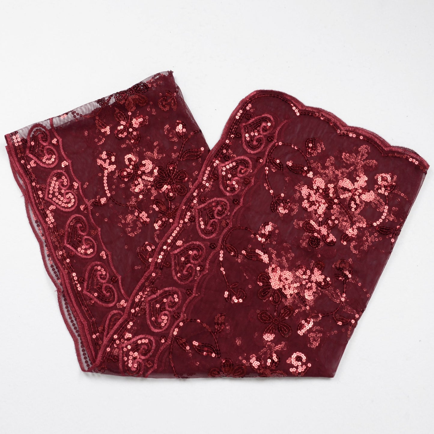 Embroidered Sequin Mesh Shawl Wrap Sheer Floral Scarf Scalloped Edge