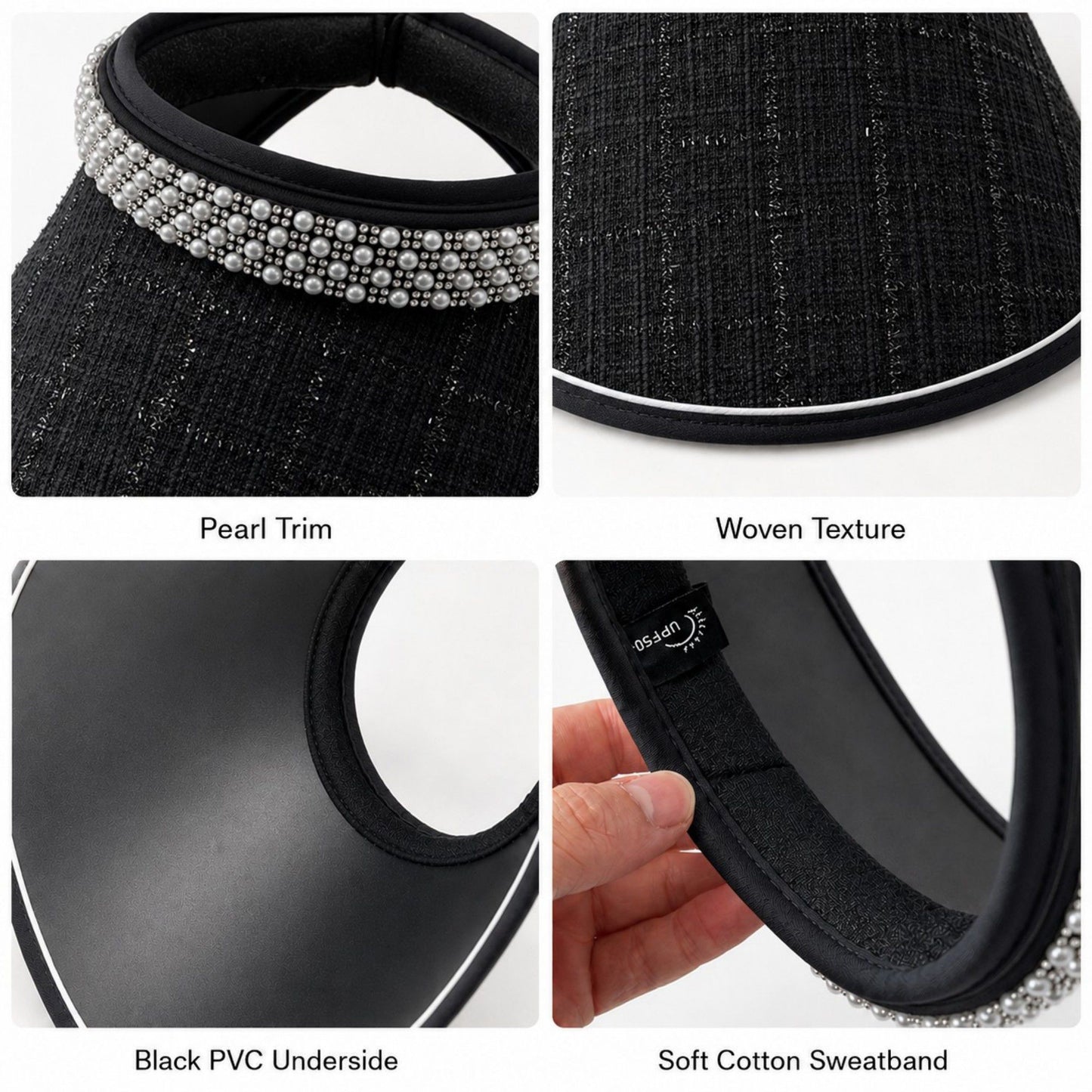 Wide Brim Visor Hat with Faux Pearl Embellished Band and Open Top Design
