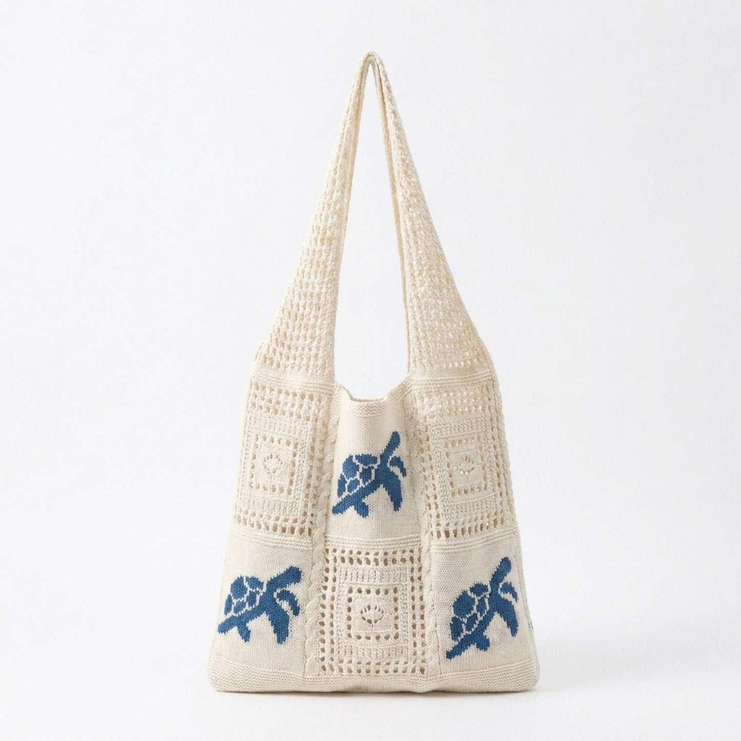 Knit Tote Bag Floral Pattern Shoulder Bag Open Top Casual Everyday Carry Handbag