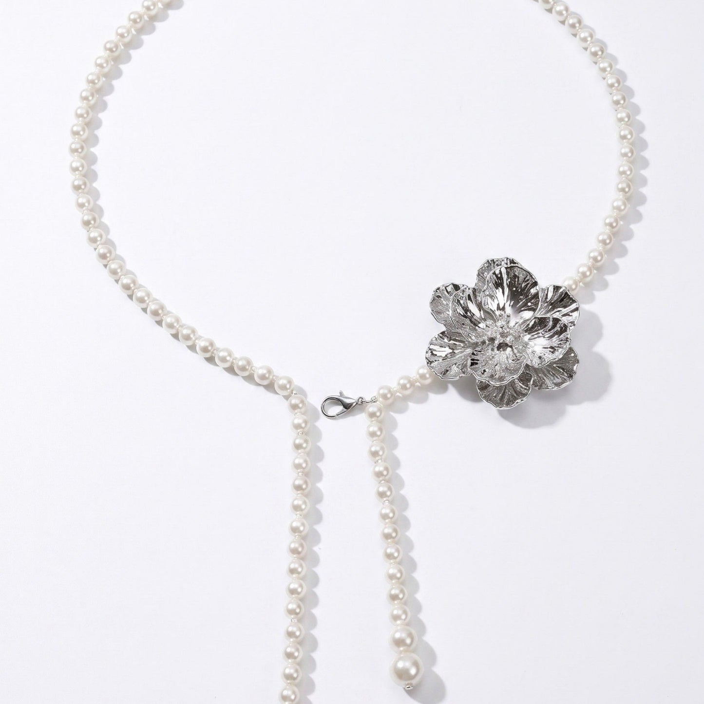 Single Textured Floral Plastic Pearl Waist Chain Adjustable Vintage Statement Waist Jewelry 43.3in