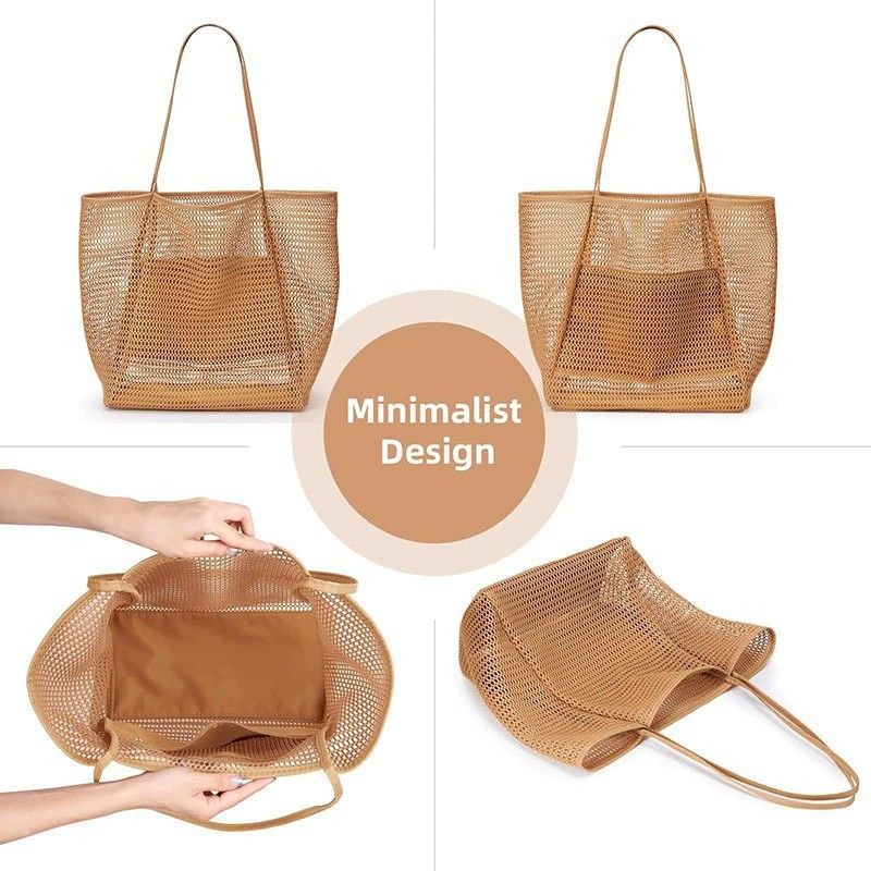 Mesh Tote Bag Large Capacity Lightweight Polyester Shoulder Handbag with Inner Pouch