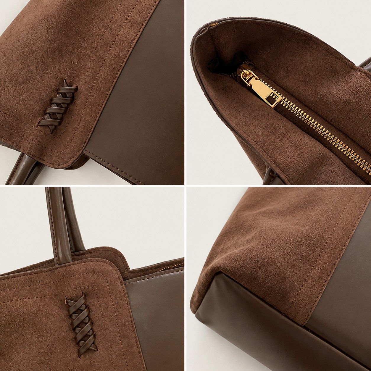 Faux Suede Tote Bag with Double Shoulder Handles Zip Closure and Interior Pockets