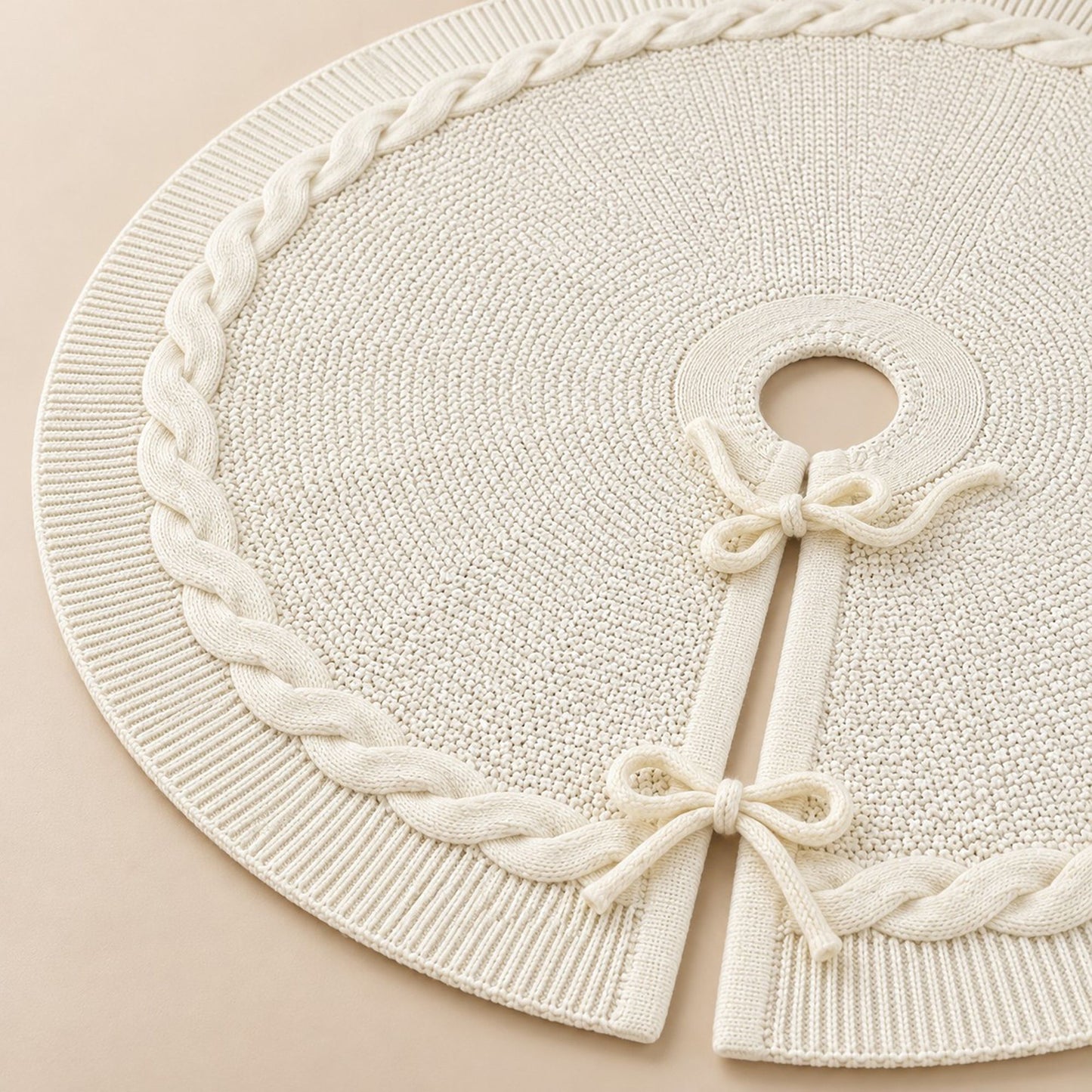 Cable Knit Christmas Tree Skirt with Bow Tie Closure