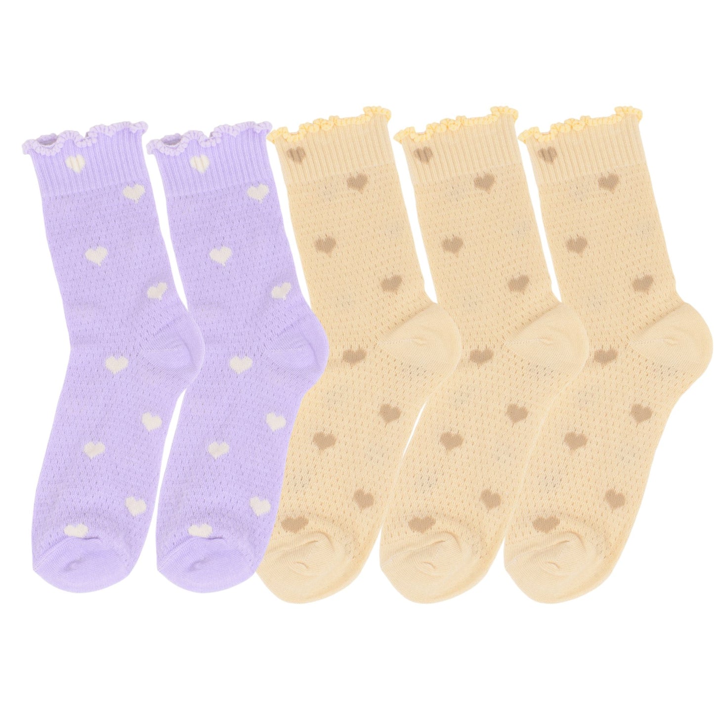 5-Pair Set Frilly Crew Socks with Valentine Heart Pattern and Ruffle Trim Breathable Knit Design for Flats or Loafers