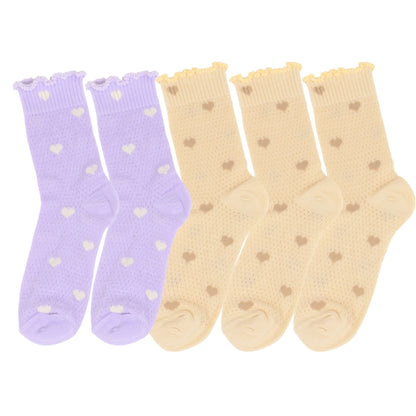 5-Pair Set Frilly Crew Socks with Valentine Heart Pattern and Ruffle Trim Breathable Knit Design for Flats or Loafers