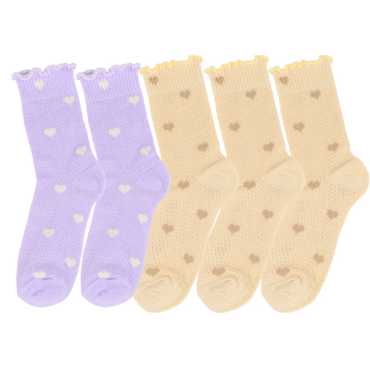 5-Pair Set Frilly Crew Socks with Valentine Heart Pattern and Ruffle Trim Breathable Knit Design for Flats or Loafers