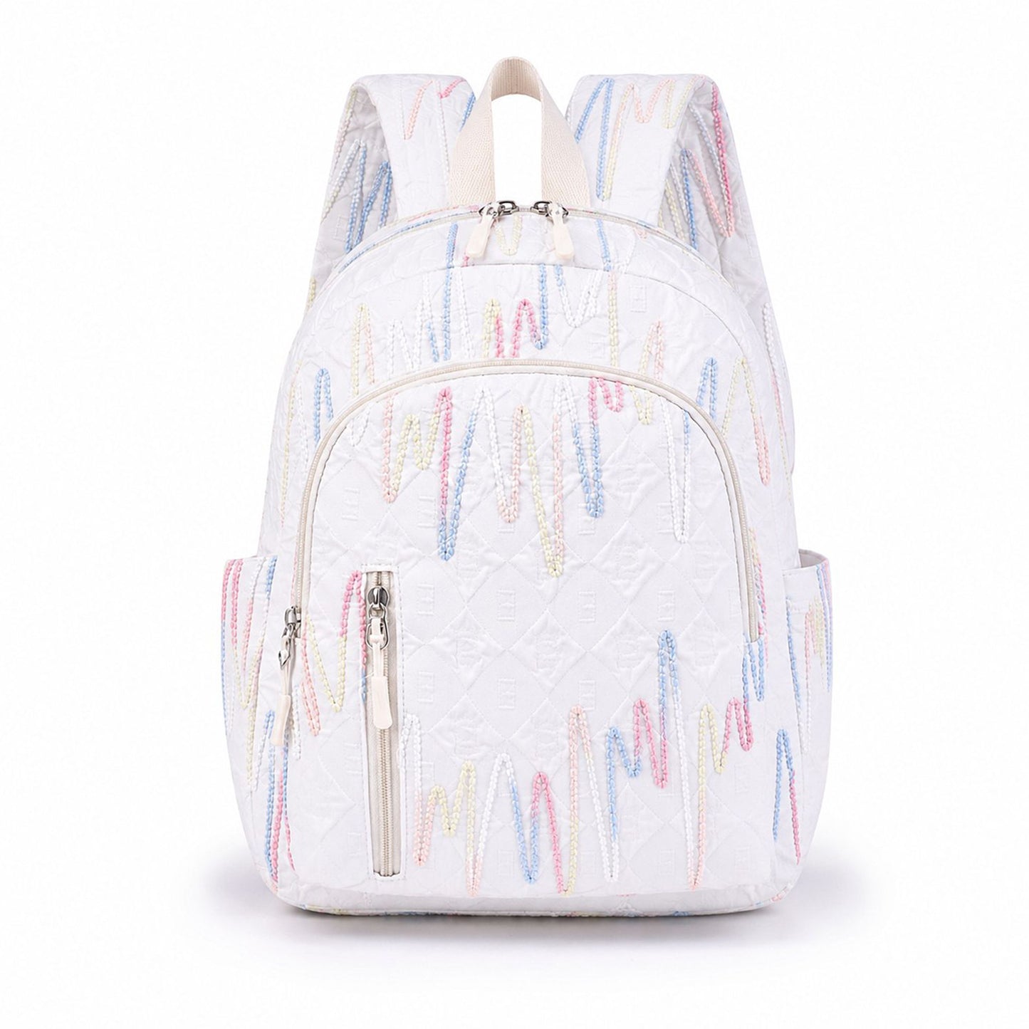 Quilted Backpack with Embroidered Pattern and Multiple Pockets