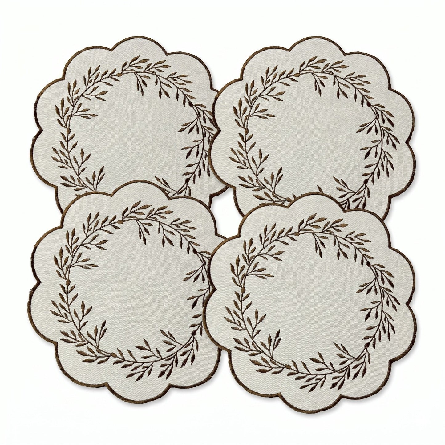 4 Piece Embroidered Floral Placemat Set Scalloped Edge Linen Look Table Mats for Dining Table