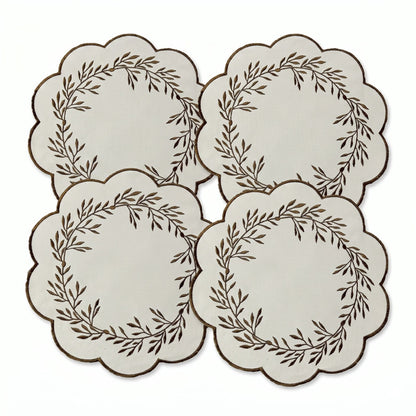 4 Piece Embroidered Floral Placemat Set Scalloped Edge Linen Look Table Mats for Dining Table