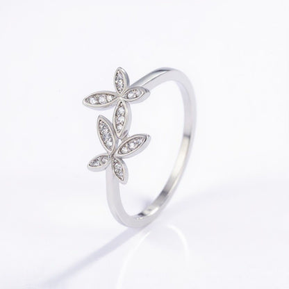 Women's Double Flower Leaf Design Ring with Crystal Detailing