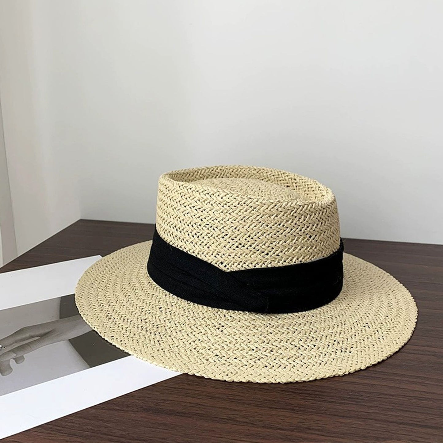 Straw Boater Hat Flat Top Wide Brim Summer Beach Sun Hat Lightweight