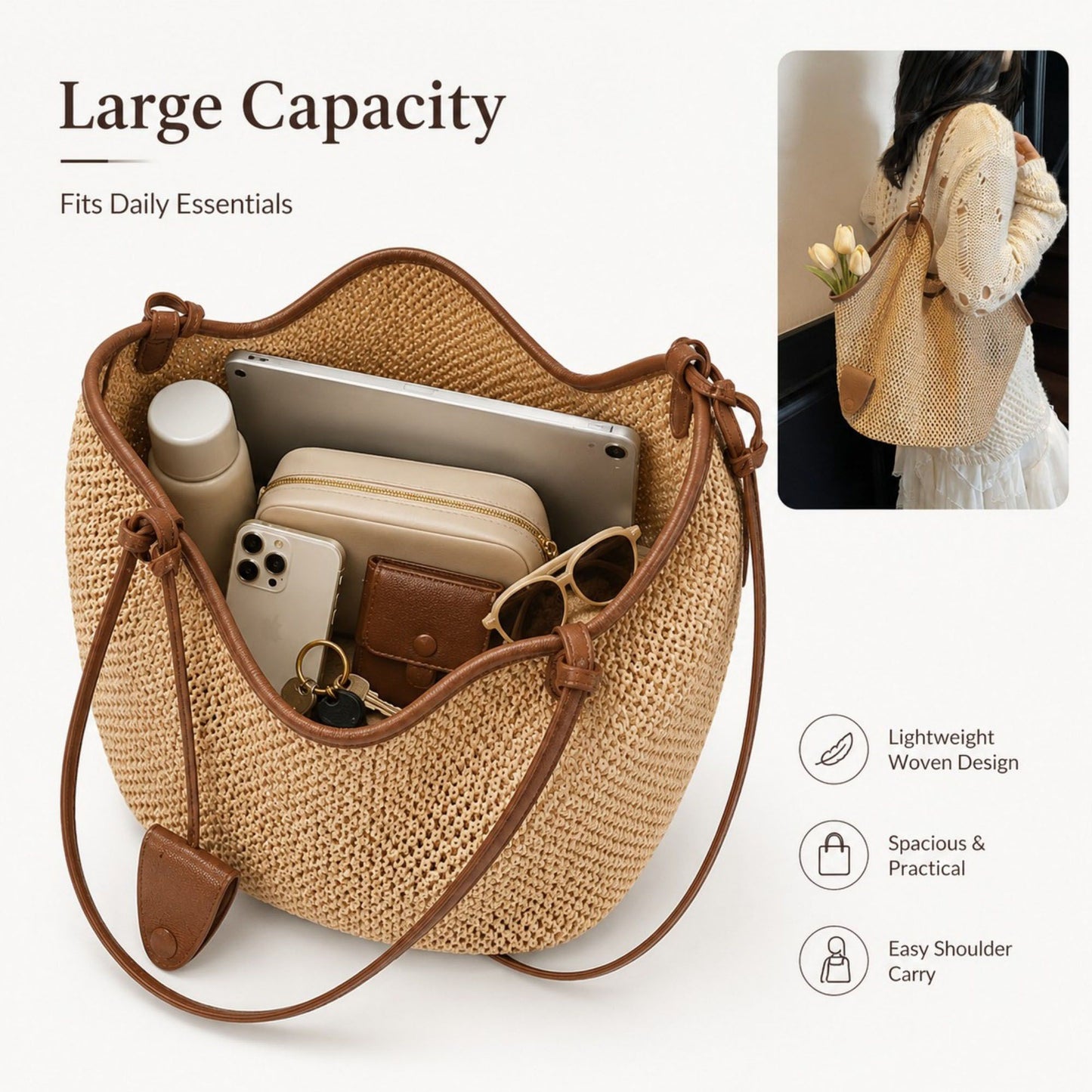 Woven Straw Style Tote Bag Large Capacity Shoulder Bag with Faux Leather Trim