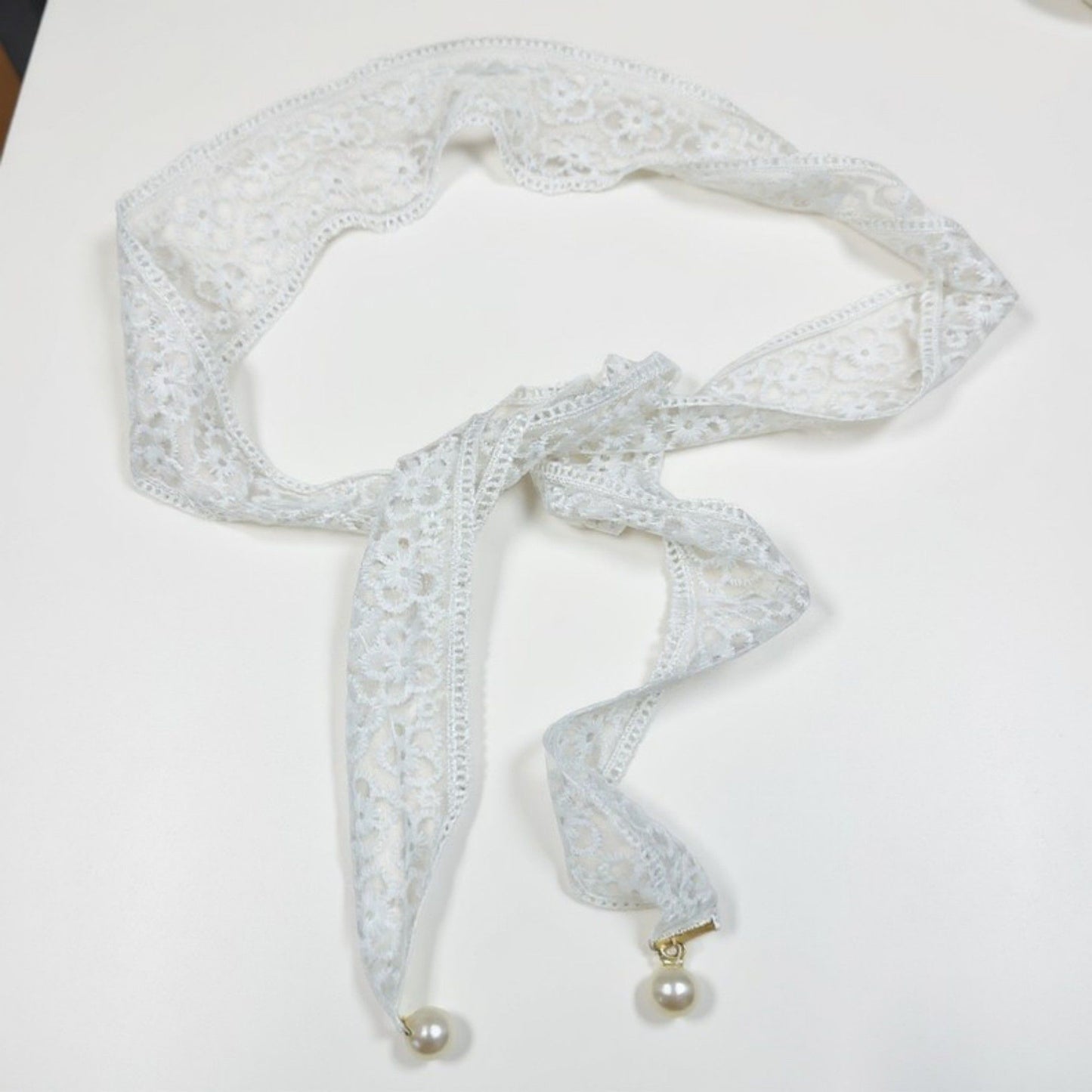 Floral Lace Ribbon Belt with Oversized Bow and Pearl Drop Details 59in