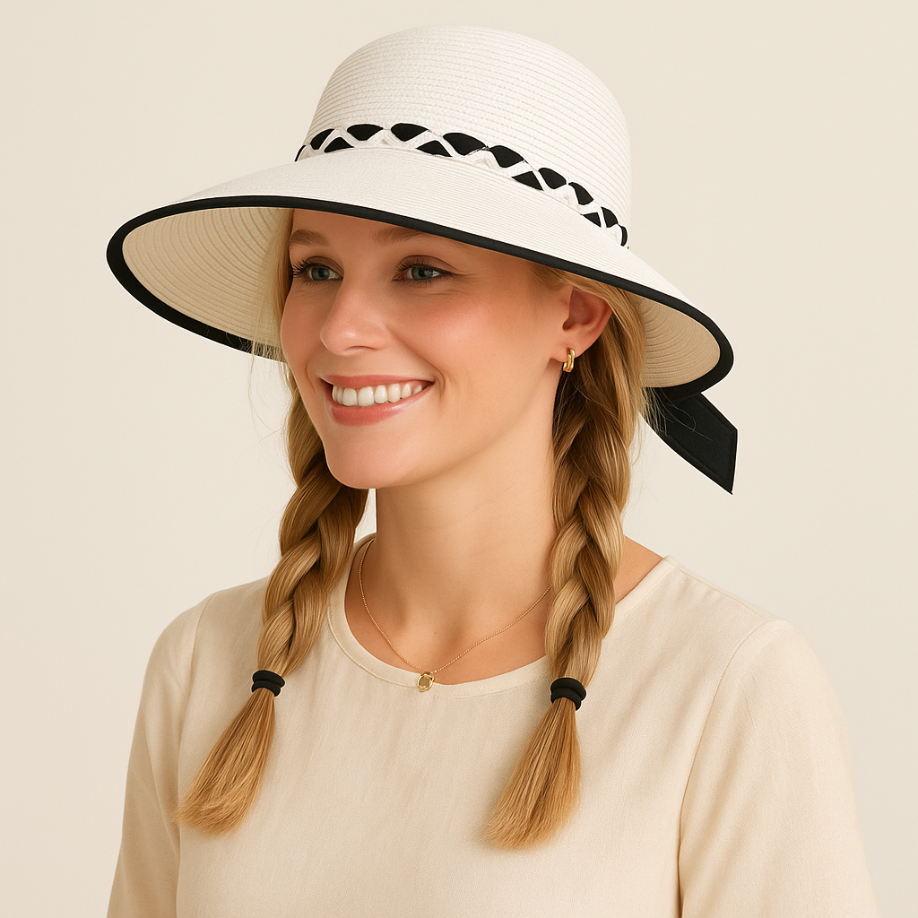 Women's Wide Brim Straw Hat with Braided Band and Contrast Bow Detail