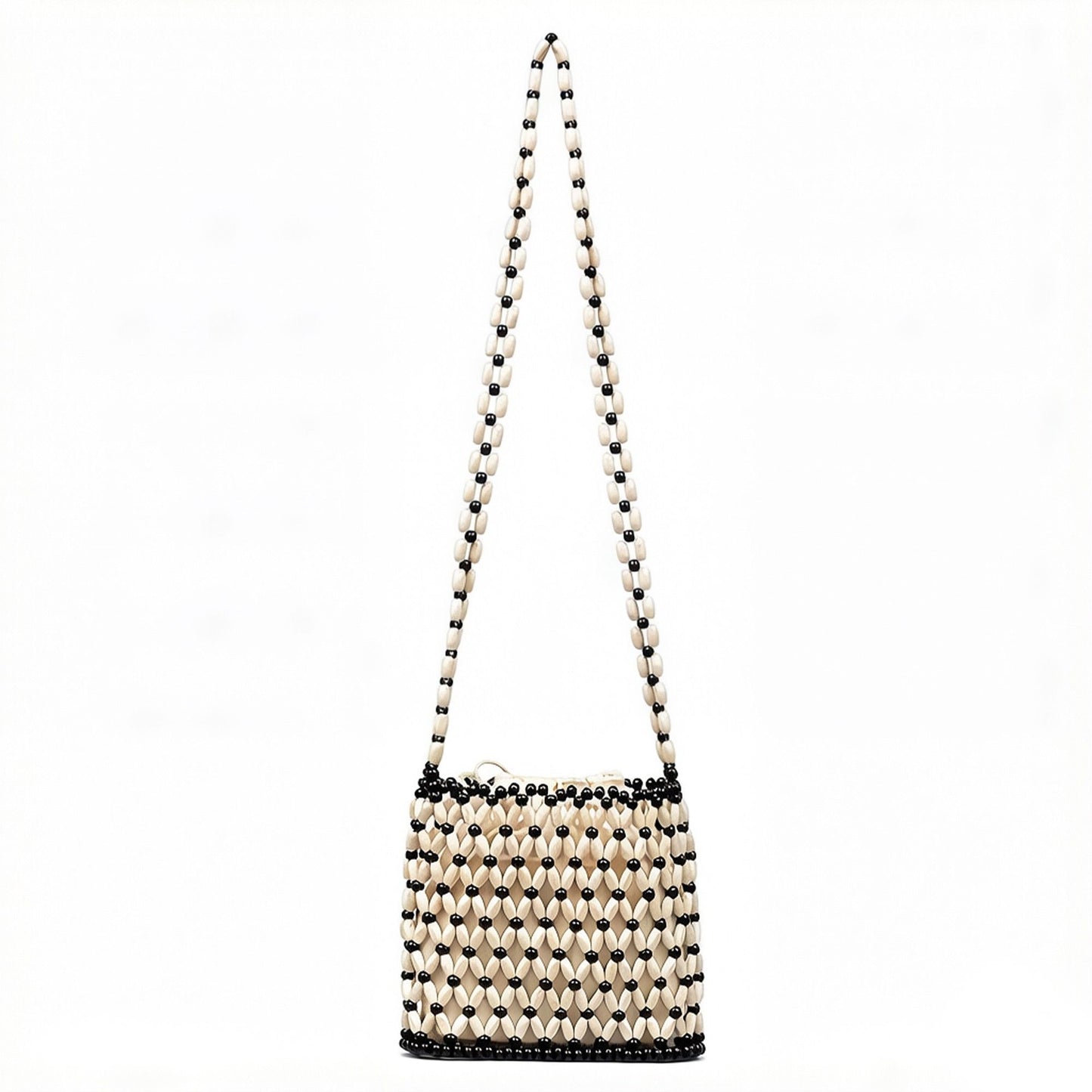 Beaded Crossbody Mini Bag with Long Strap Open Weave Wooden Bead Shoulder Purse Lightweight Small Handbag
