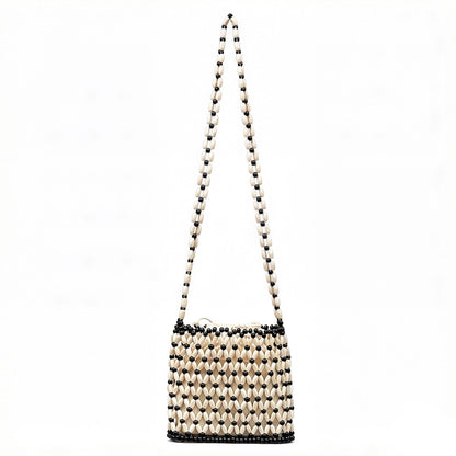 Beaded Crossbody Mini Bag with Long Strap Open Weave Wooden Bead Shoulder Purse Lightweight Small Handbag