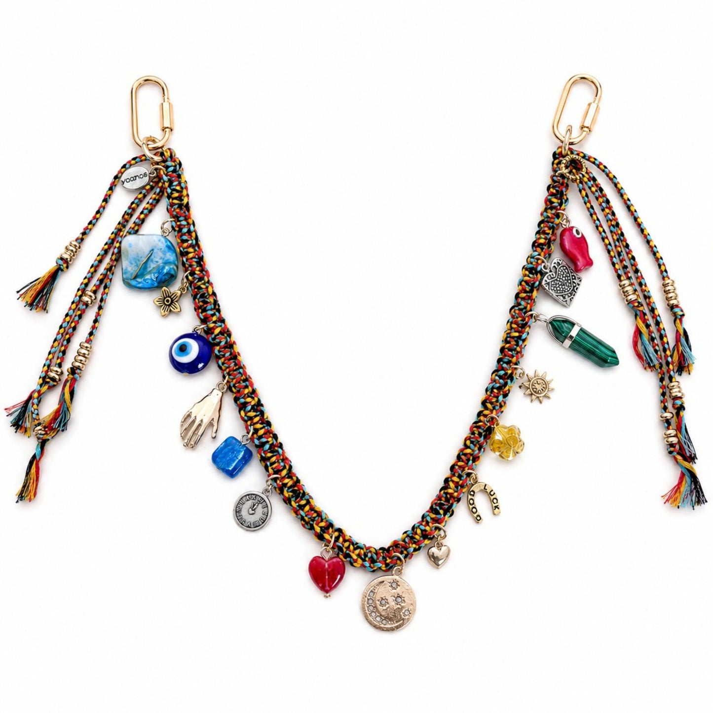 Boho Bag Charm Chain Multicolor Woven Purse Accessory with Tassels and Charms