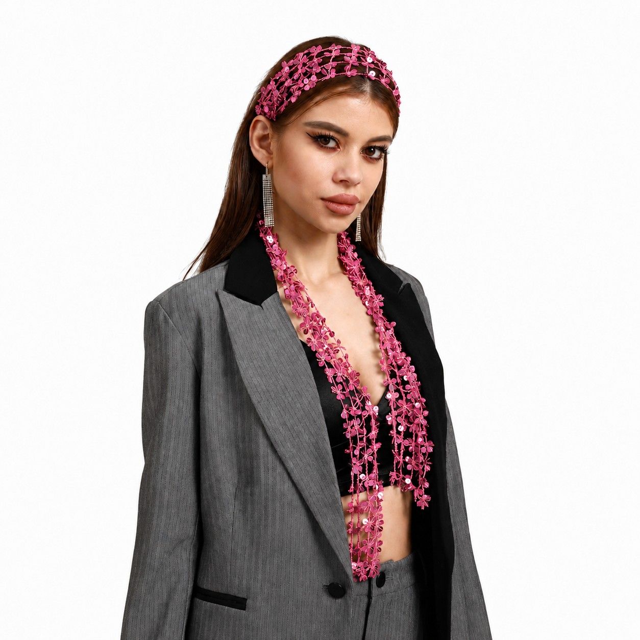 Sequin Floral Skinny Scarf Mesh Neck Wrap