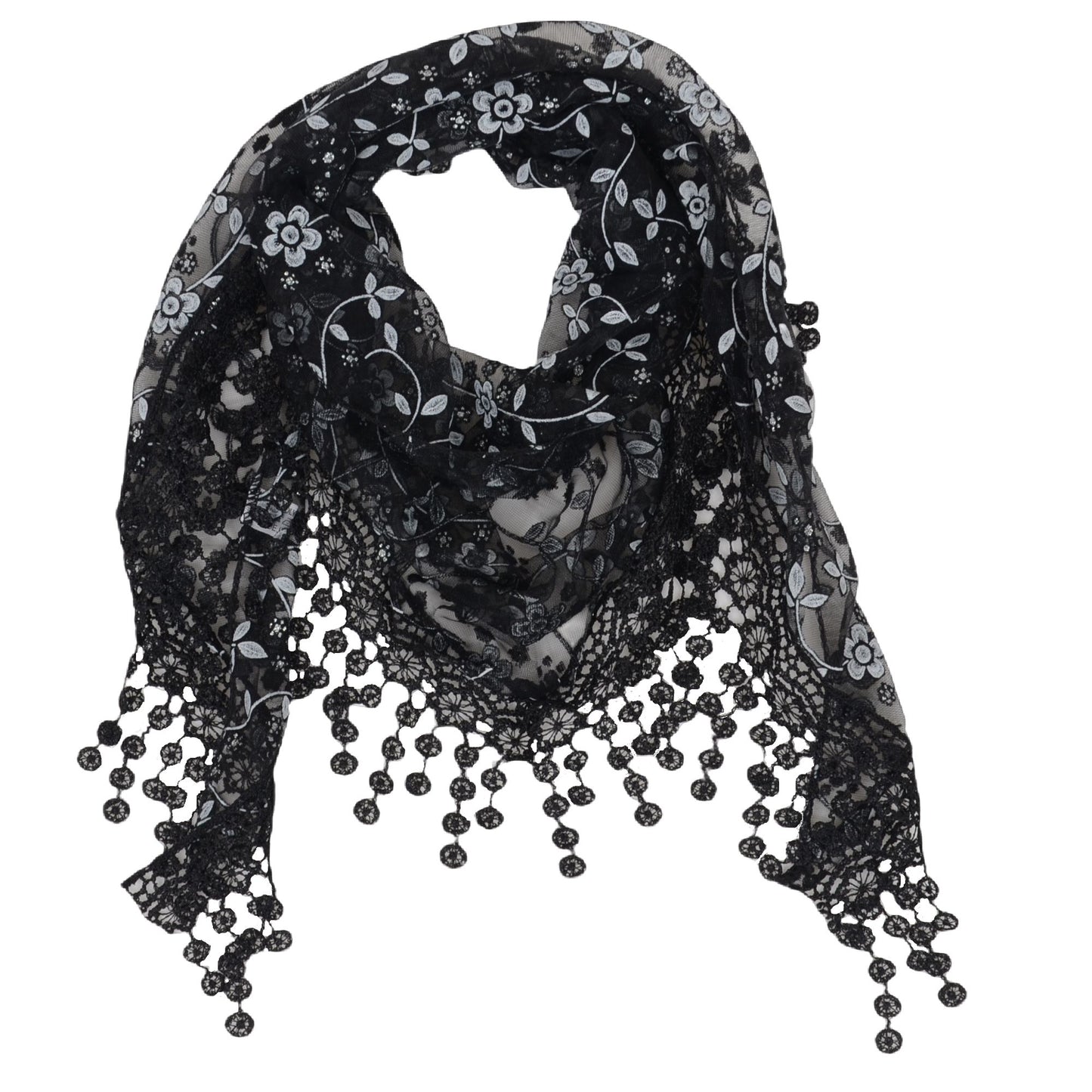 Lightweight Lace Floral Head Scarf Fringe Triangular Shawl