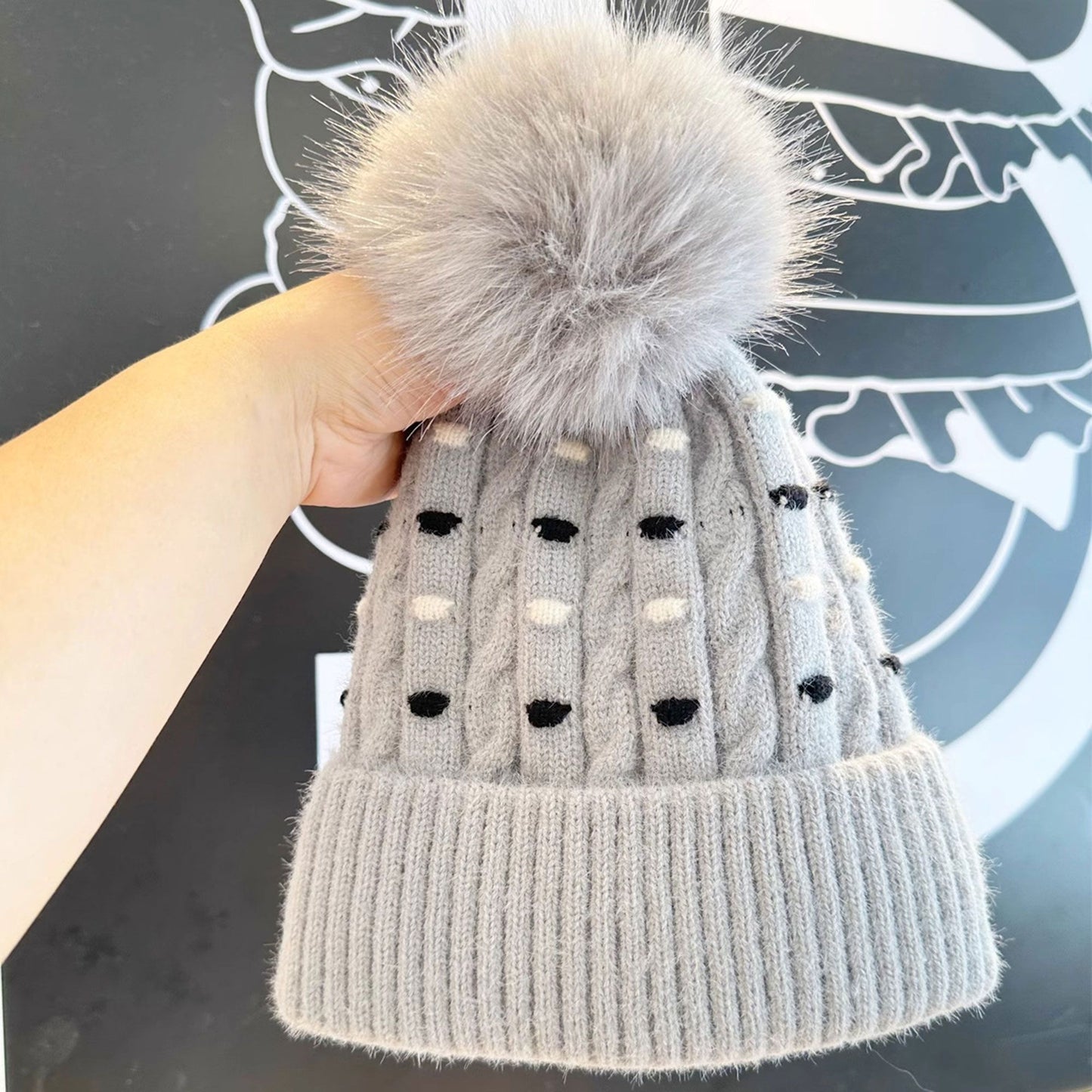 Knit Beanie with Large Faux Fur Pom-Pom - Winter Hat with Embroidered Accents