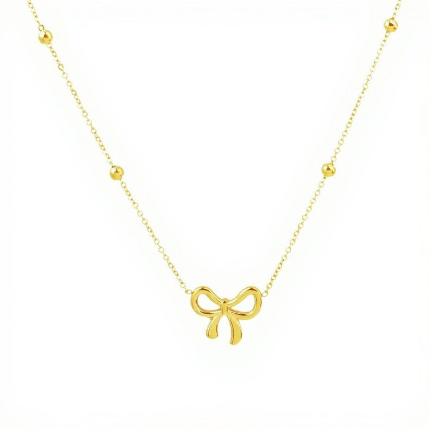 Women's Bow Pendant Necklace with Dainty Beaded Chain Design