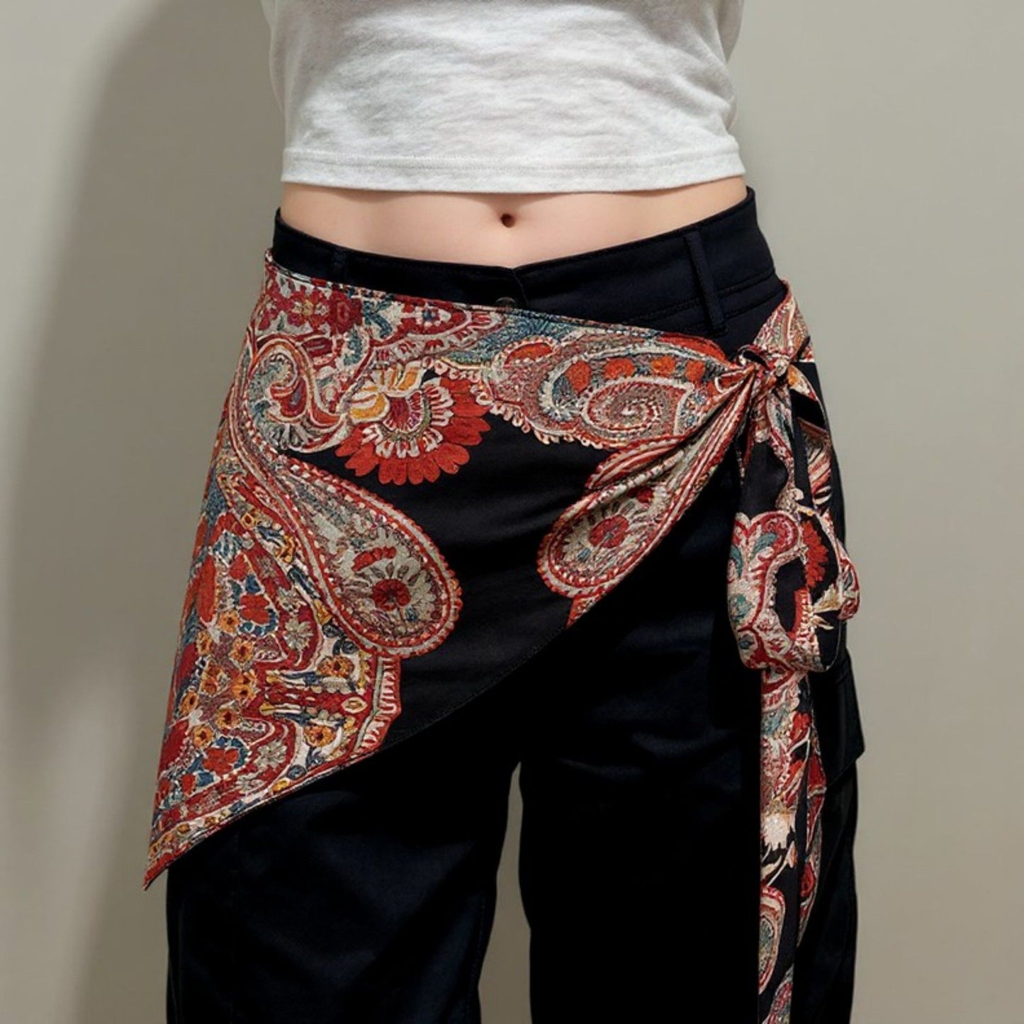 Paisley Print Tie Waist Scarf Belt with Asymmetrical Draped Hem and Boho Wrap Design 94.5