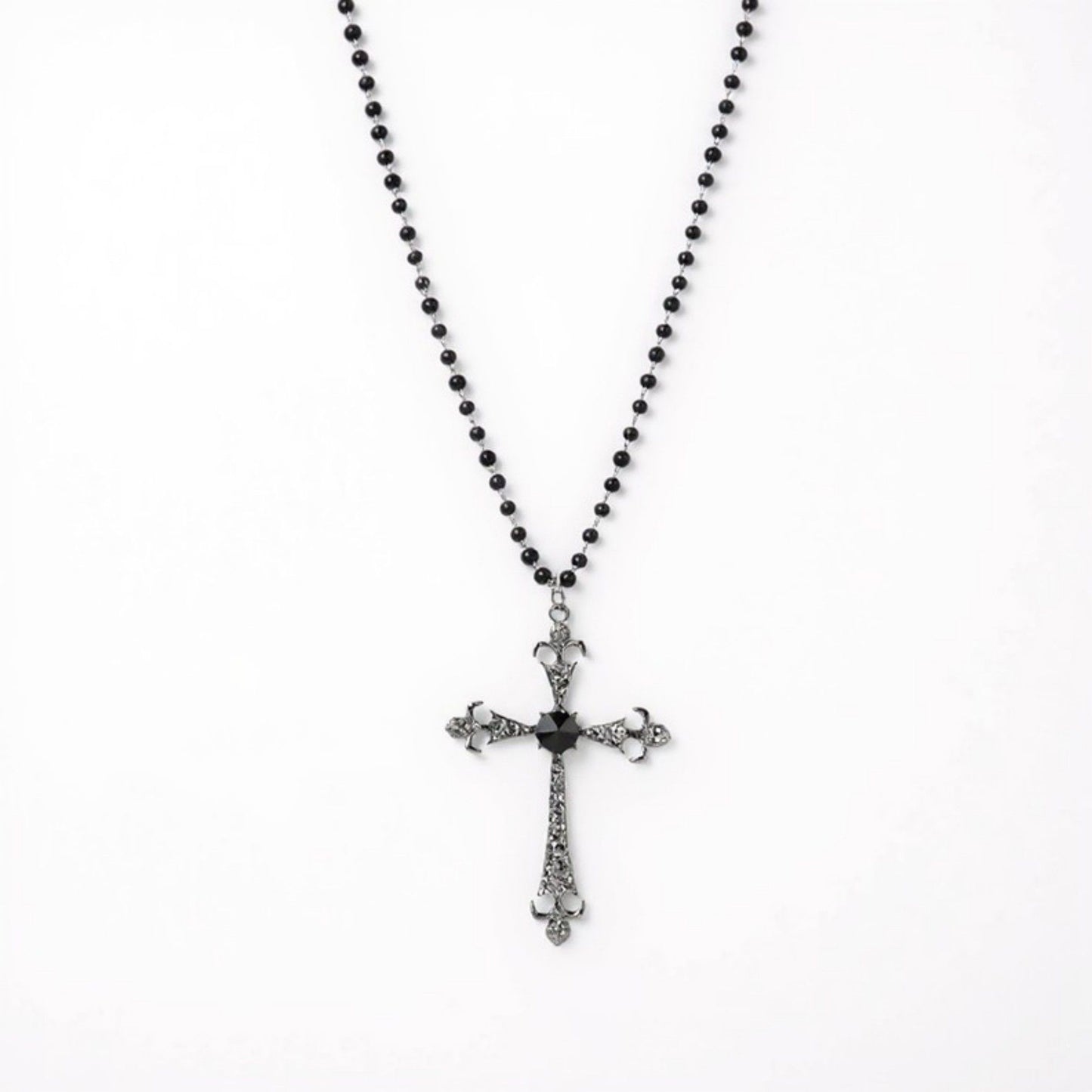 Women's Gothic Cross Pendant Necklace with Crystal Accents and Beaded Chain