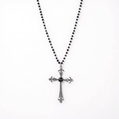 Women's Gothic Cross Pendant Necklace with Crystal Accents and Beaded Chain