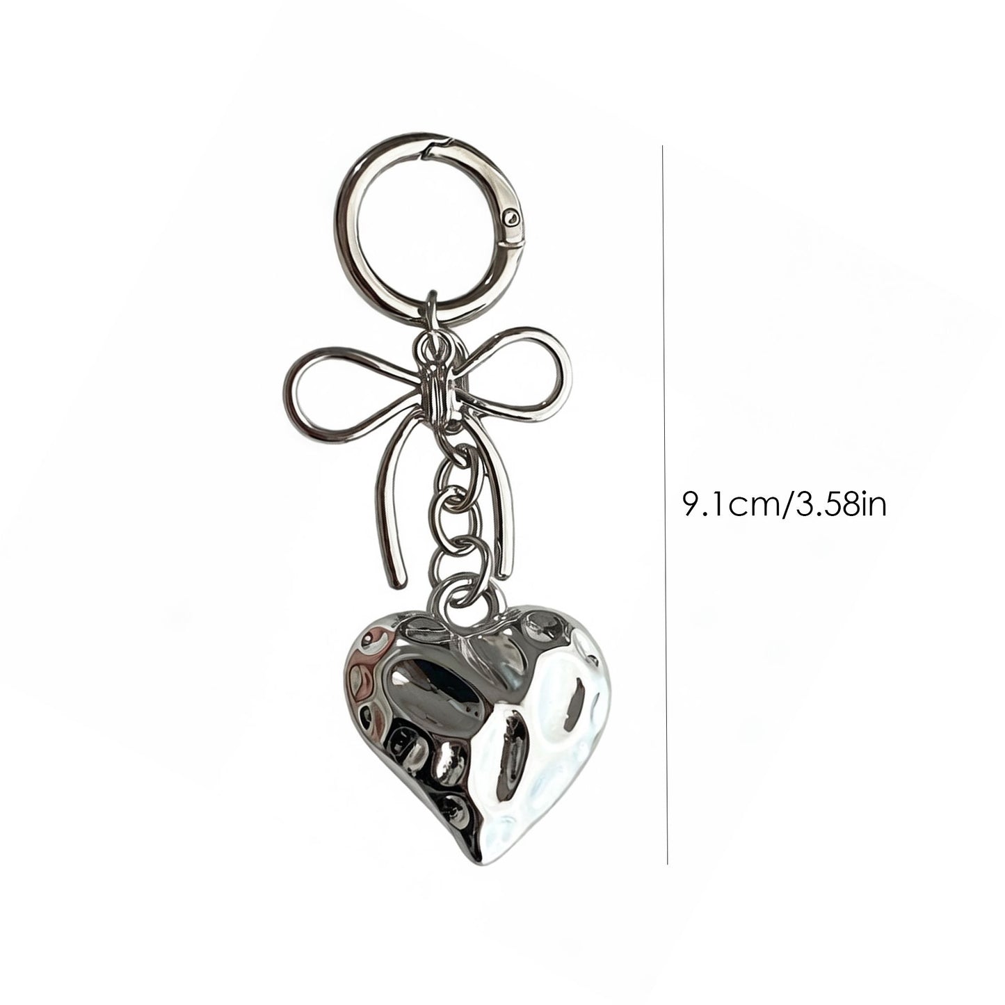 2 Pack Metal Heart Keychain with Bow Accent Clip and Polished Bag Charm Pendant