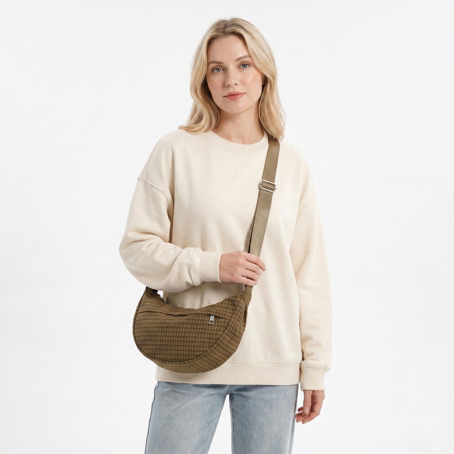 Plaid Nylon Crescent Shoulder Bags with Adjustable Strap Lightweight Casual Crossbody Bag