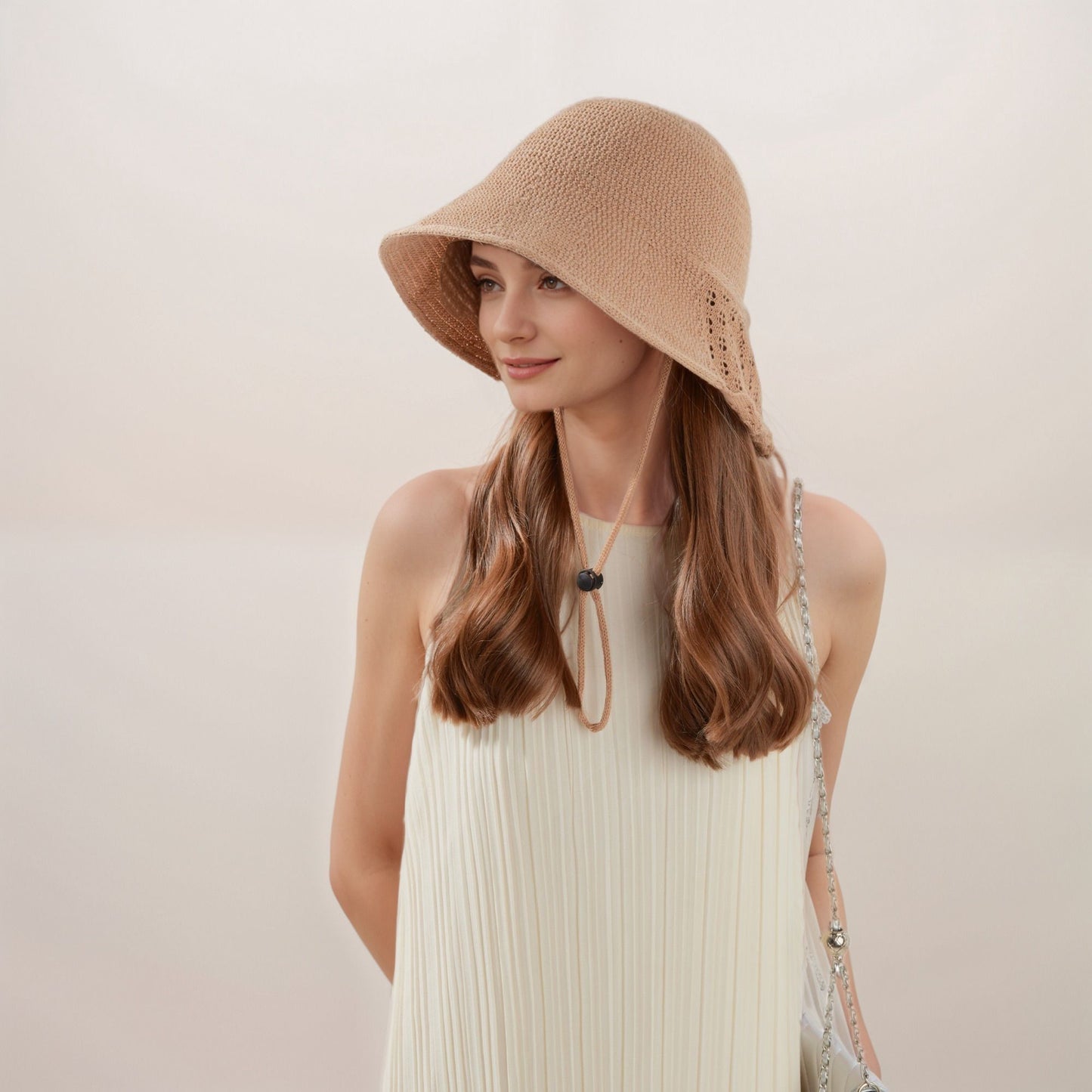 Crochet Bucket Hat with Adjustable Chin Strap and Back Button Eyelet Panel for Sun Protection