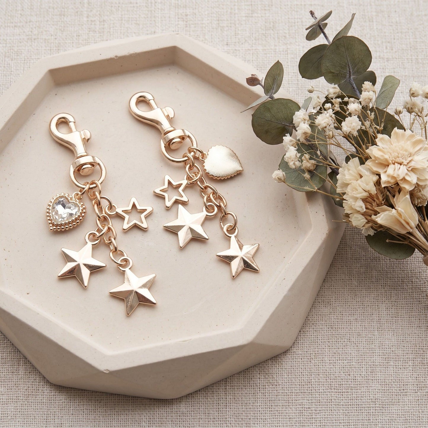 Crystal Heart & Star Multi-Charm Bag Charm Key Chain 2 Pair
