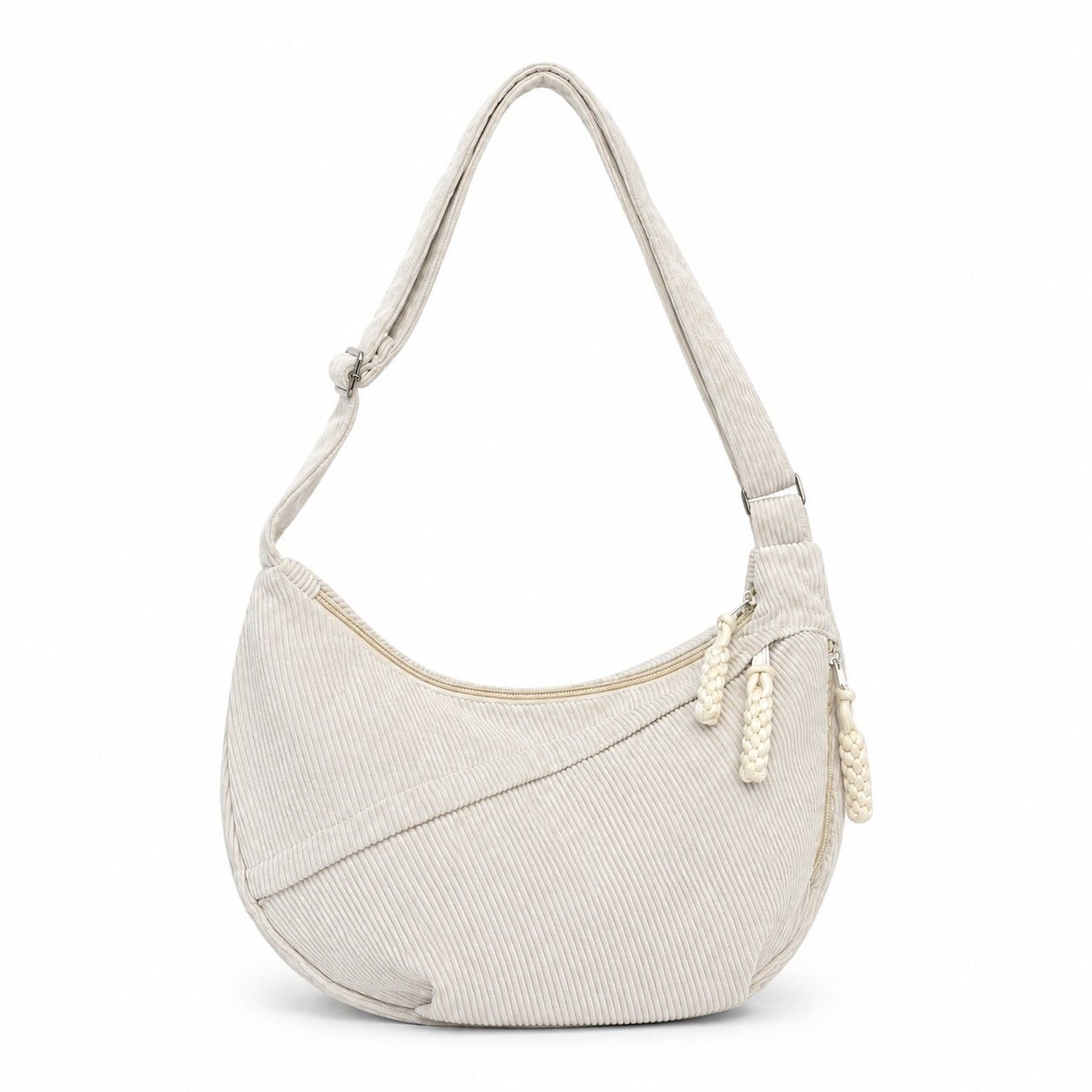 Corduroy Crescent Crossbody Bag with Adjustable Strap and Zip Pockets