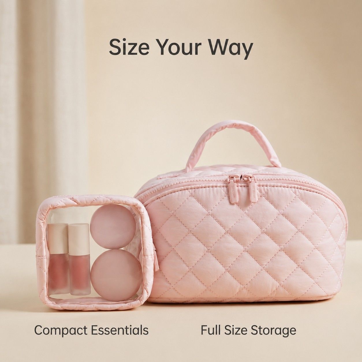 Quilted Makeup Bag Organizer with Handle Large Capacity Cosmetic Storage Case 2 Piece Set