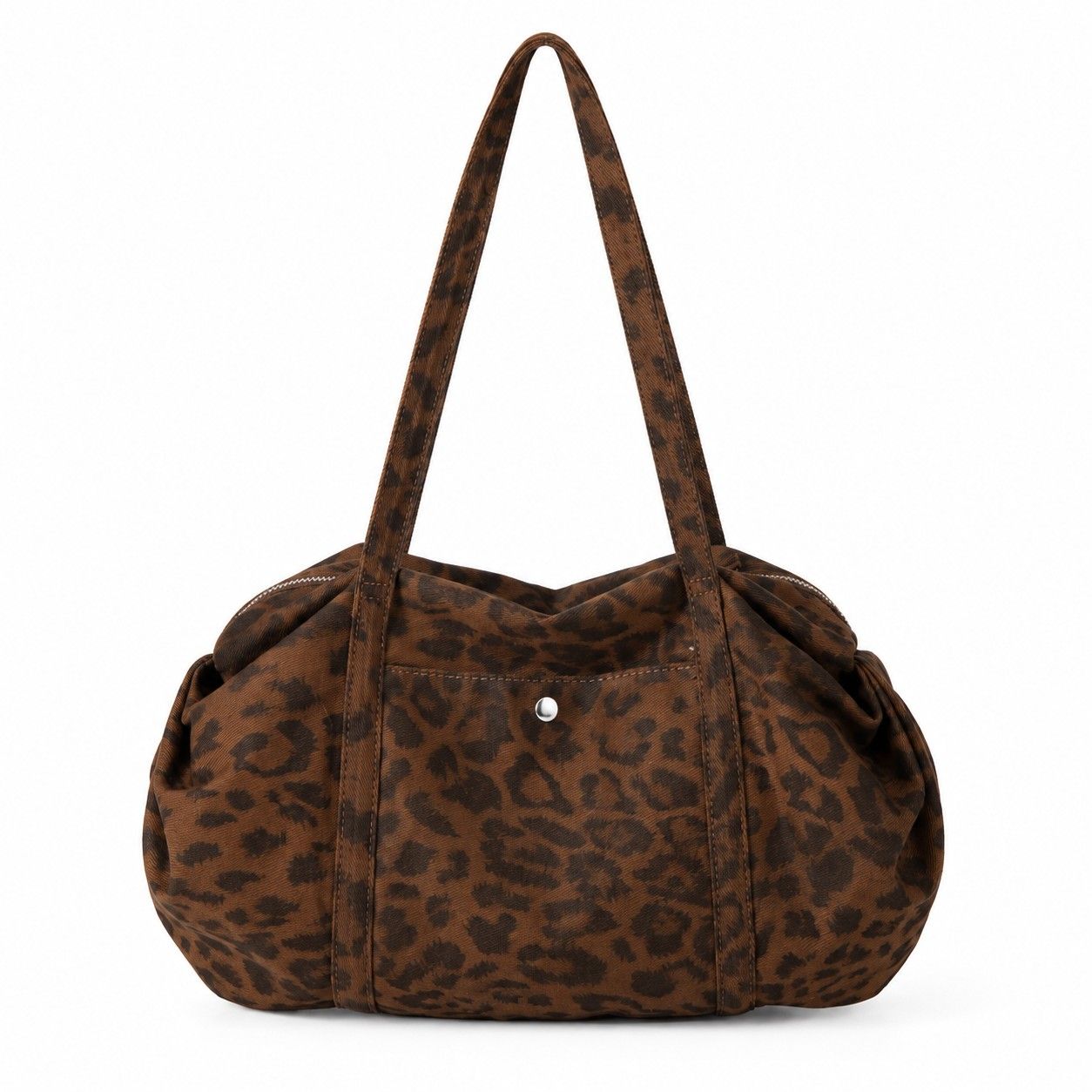 Leopard Print Barrel Shoulder Bag with Zip Closure and Interior Pockets