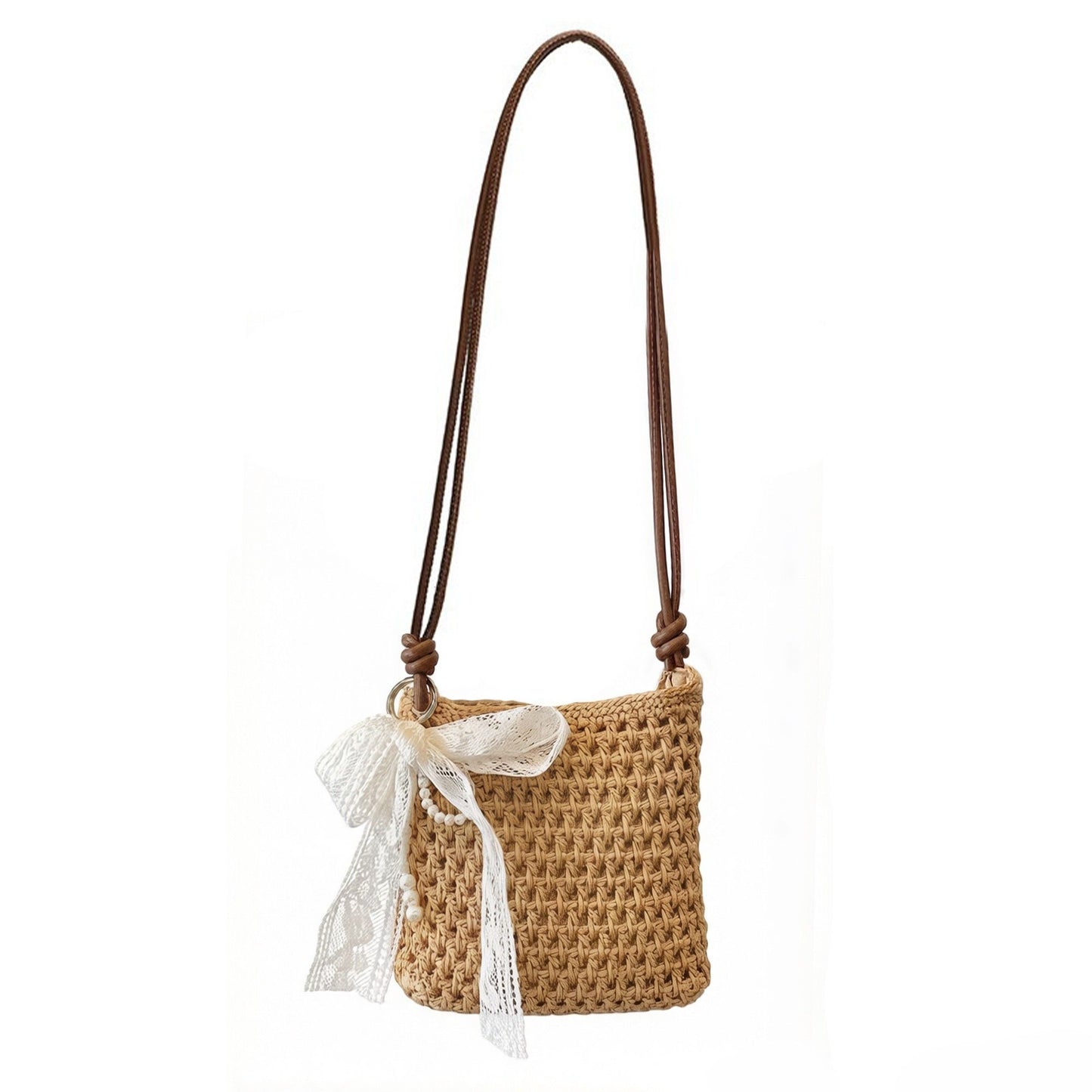 Crochet Crossbody Bag with Lace Bow Detail Lightweight Knit Shoulder Bag Small Casual Handbag