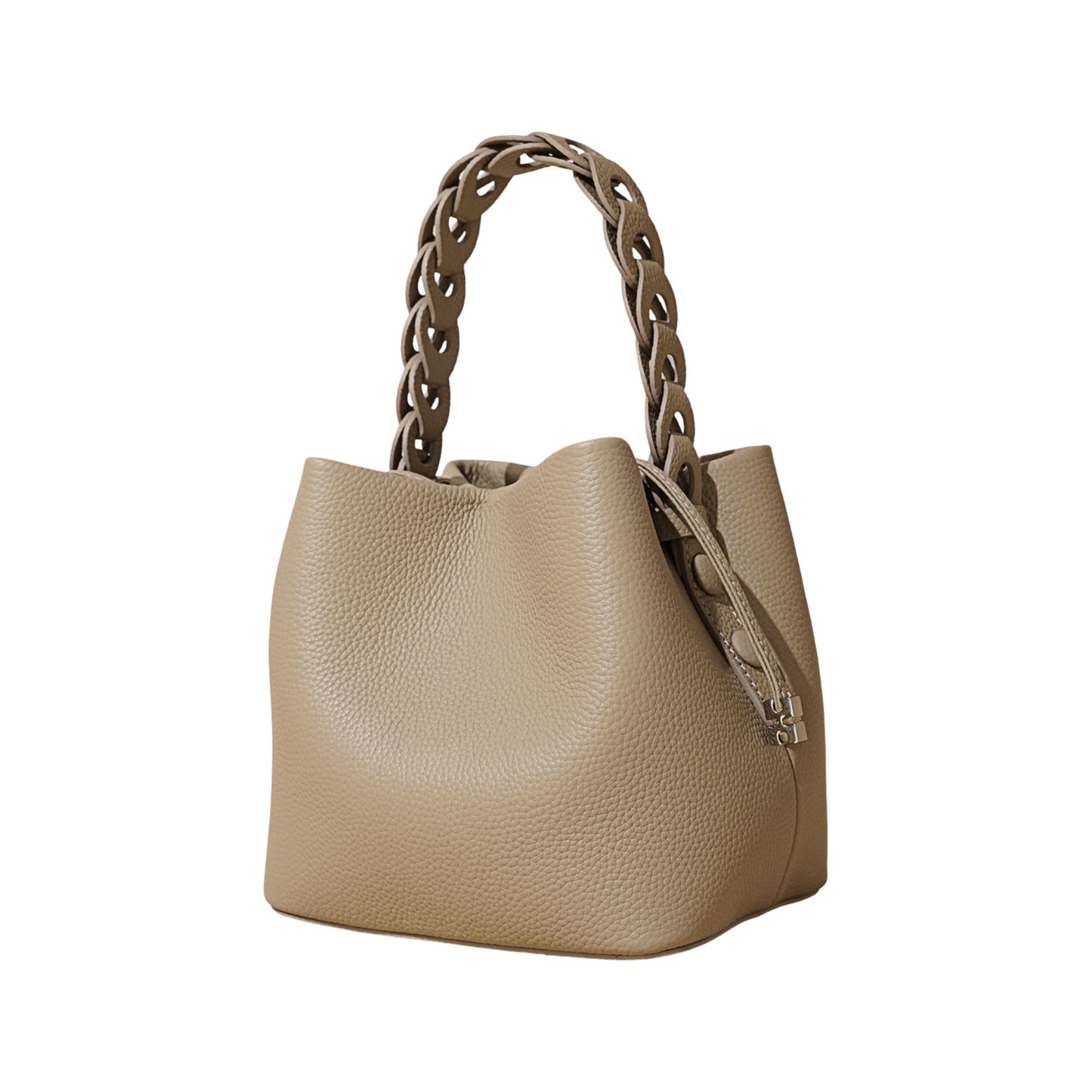 Leather Drawstring Bucket Handbag with Braided Top Handle and Adjustable Crossbody Strap